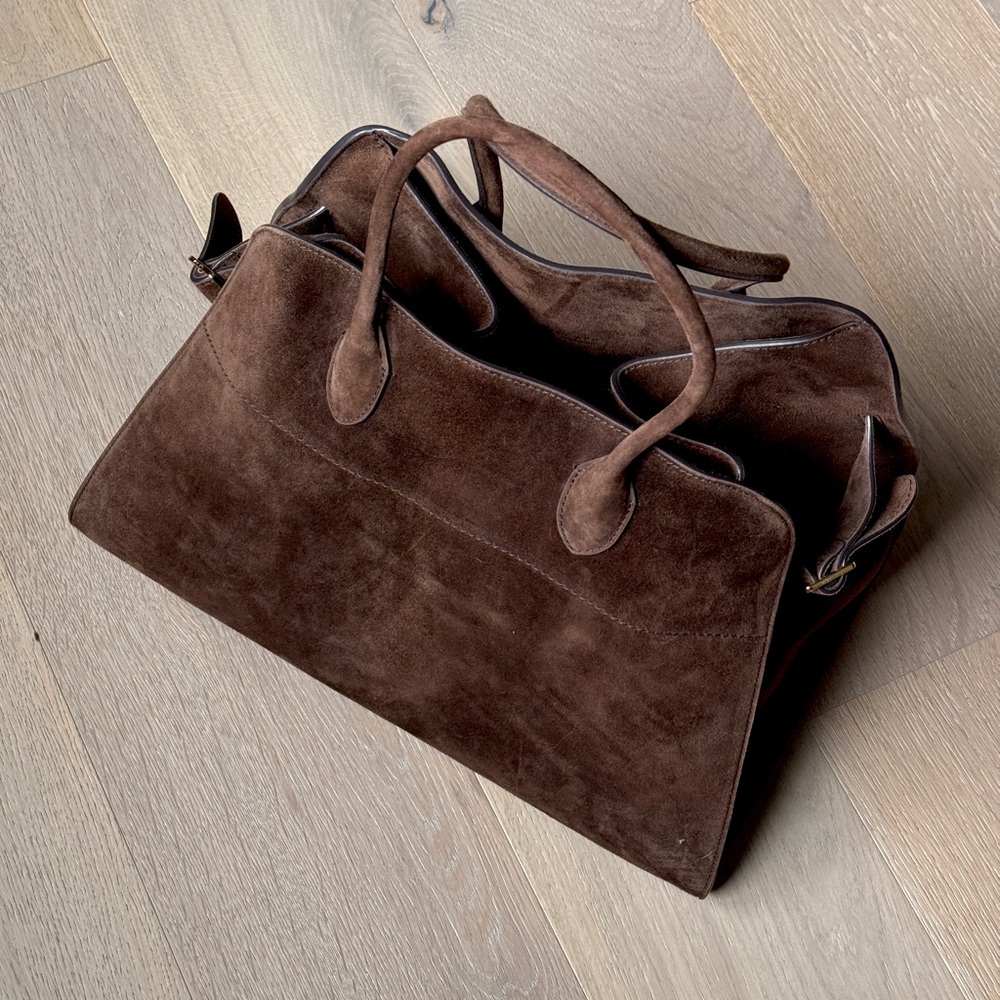 The Row Soft Margaux 15 bag suede chocolate brown